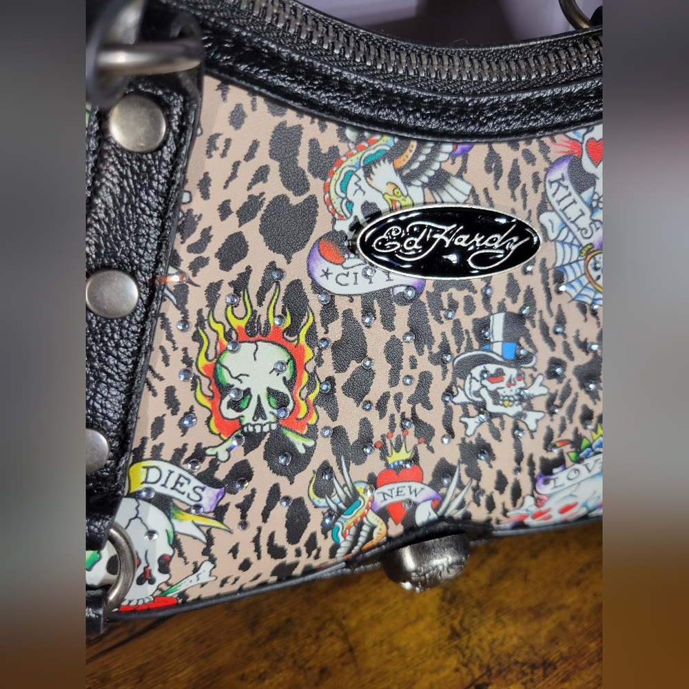 Ed Hardy Leopard Print Satchel with Black Accents/rhinestones - Picture 2 of 16